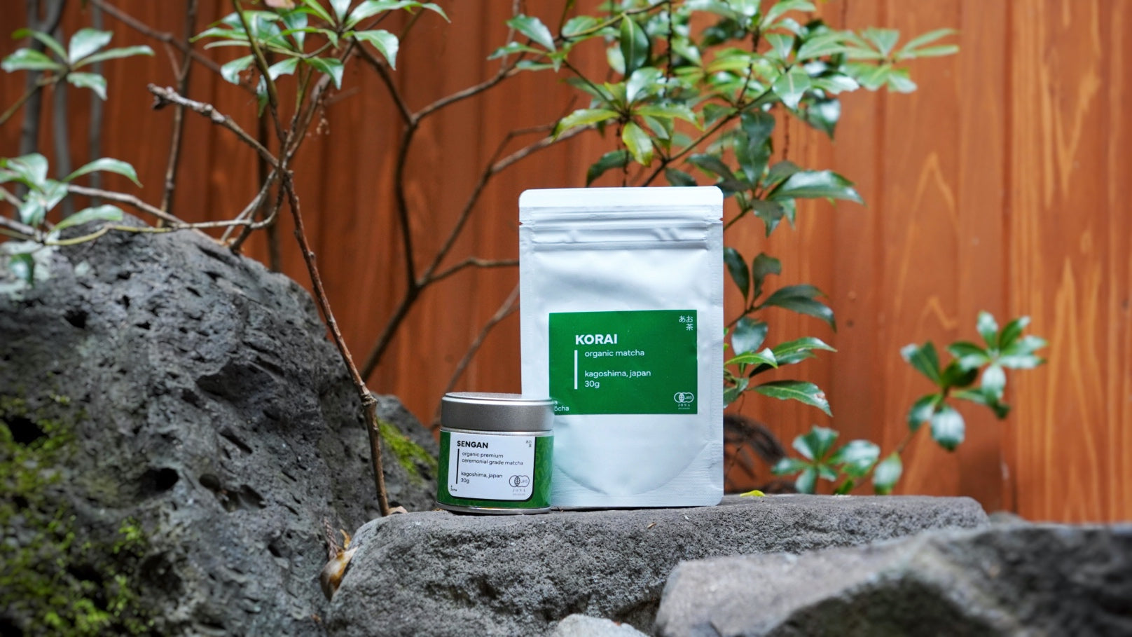 product image of matcha products - SENGAN and KORAI, perched on stone and with plants in the background